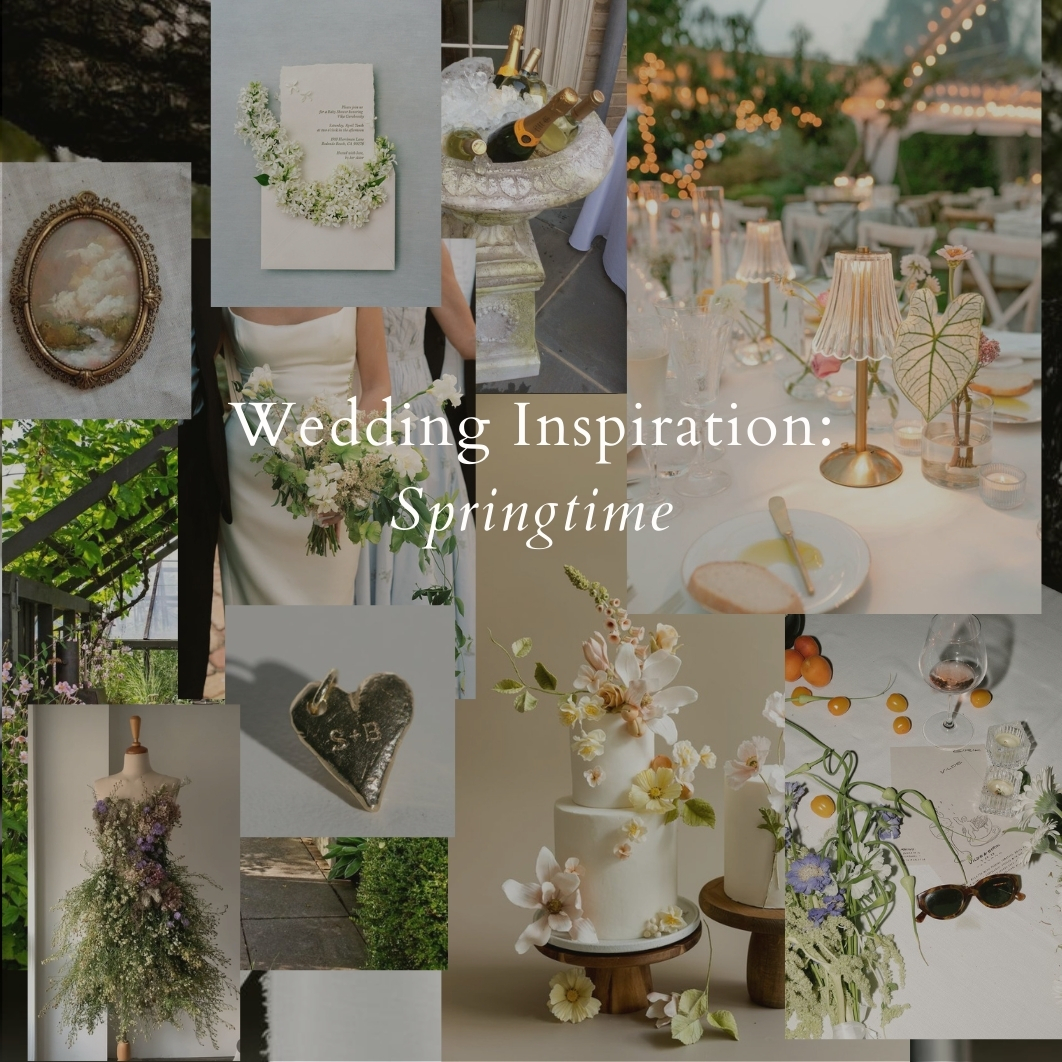 A collage of springtime wedding inspiration images from various sources.